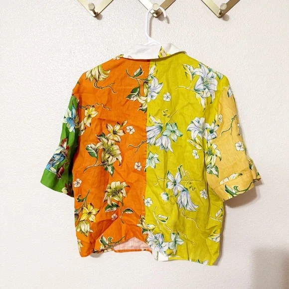 Magaschoni Linen Colorblock Tropical Print Button Up Short Sleeve Blouse Medium - Picture 4 of 5